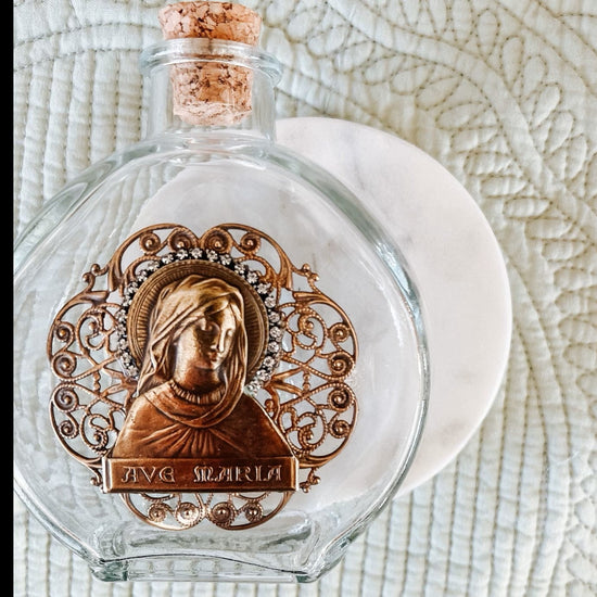 Vintage Holy Water Glass Bottle: Ave Maria