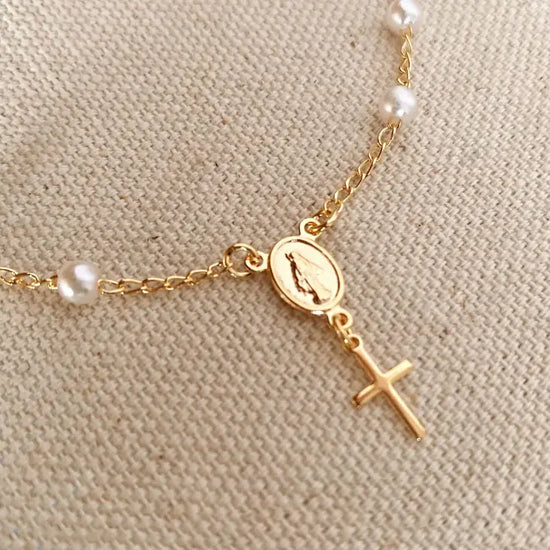 Gold + Pearl Rosary Bracelet