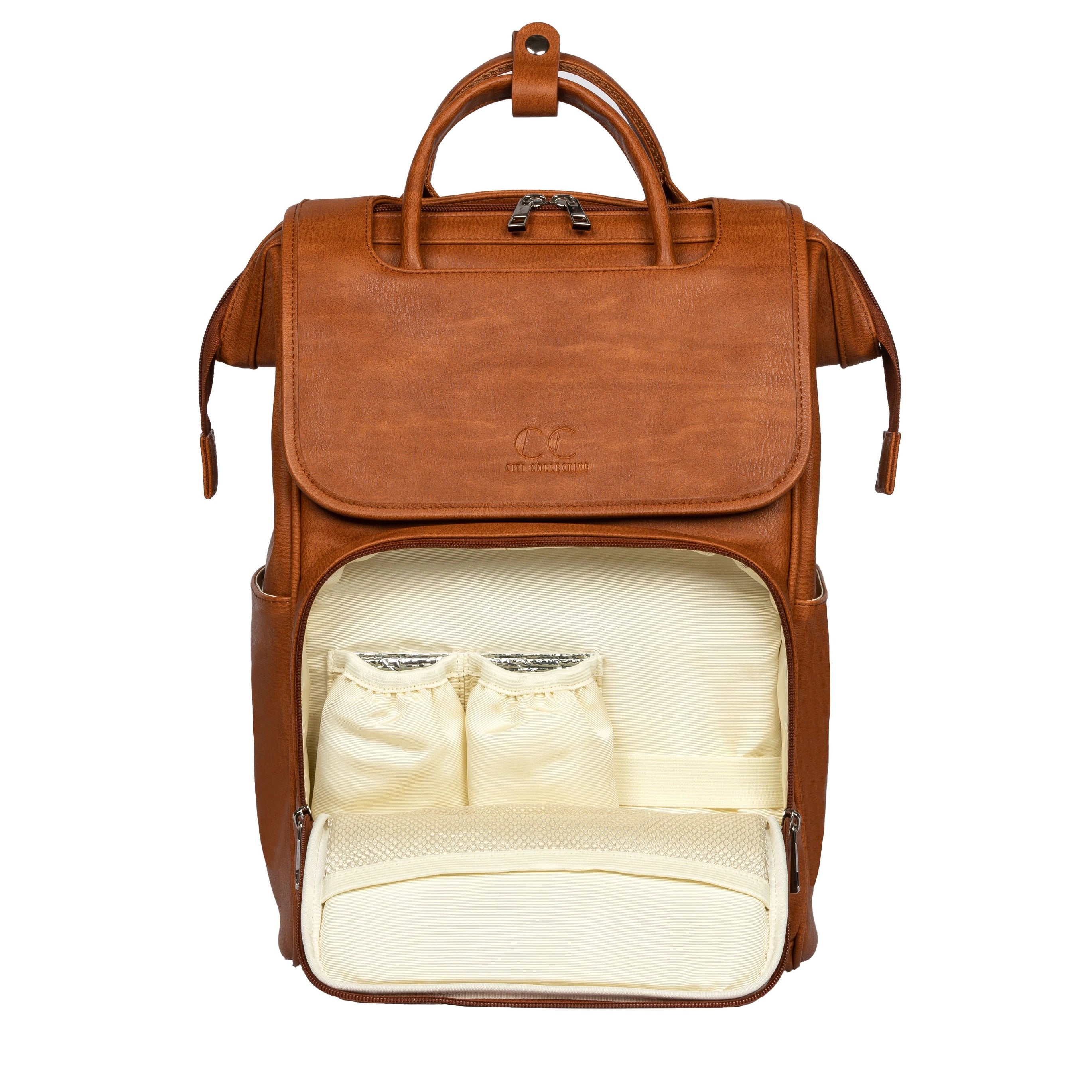 Collette Hybrid Leather Diaper Bag in Caramel, Made in Italy - Alise Design